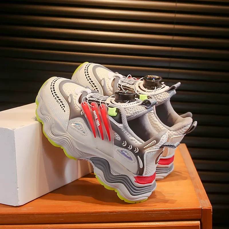 Boys Girls Sneakers with Rotating Button Kids Sports Shoes Handsome Fashion New School Students Running Shoe Wear-resistant
