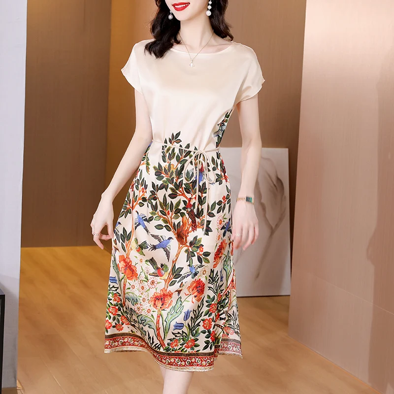 

2023 Fashion Round Neck Silk Printed Dress Women's Summer High end Versatile Short Sleeve Loose Fit Casual Vacation Vestidos