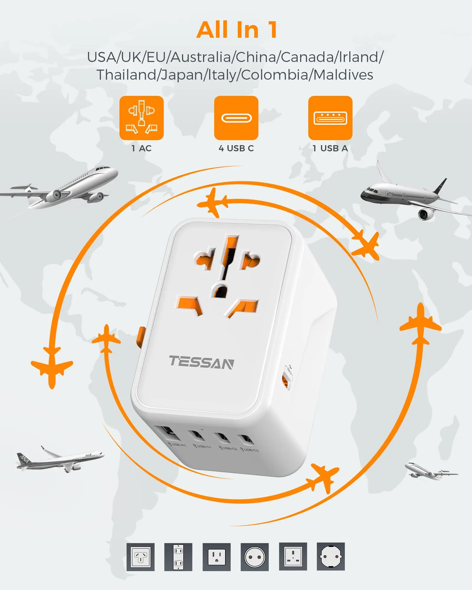 ADAPTATEUR DE VOYAGE UK/AUS/US/EUR, USB-C, USB-A