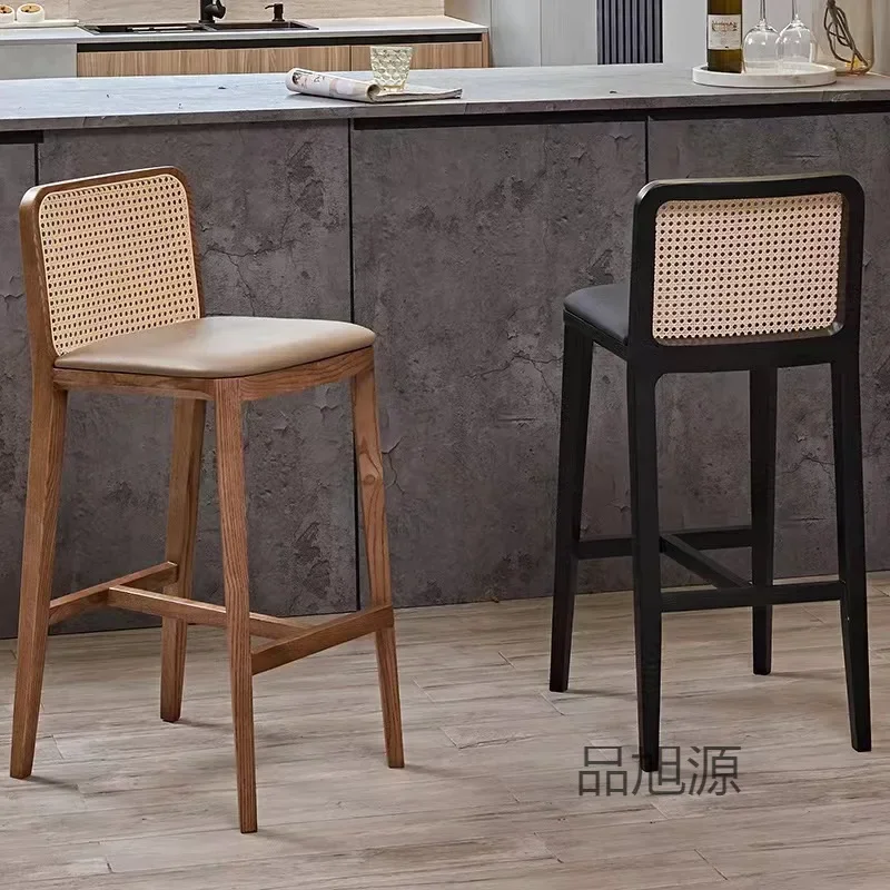 Home Living Room High-end Solid Wood Chair Ash Wood High Stool Homestay Hotel Creative Rattan Bar Chair
