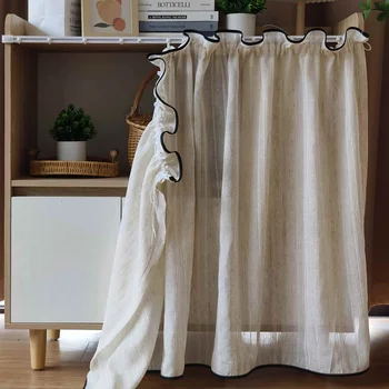 Tende trasparenti a righe Beige giapponesi con bordi neri tenda corta in mezzo Voile per la decorazione della casa della partizione della Privacy della cucina 1