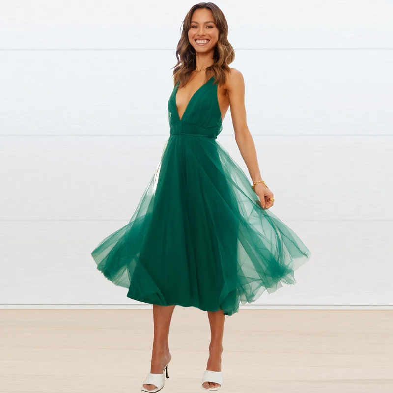 

2023 New Summer Fashion European and American Sexy V-neck Solid Vacation Beach Party Long Dresses for Women