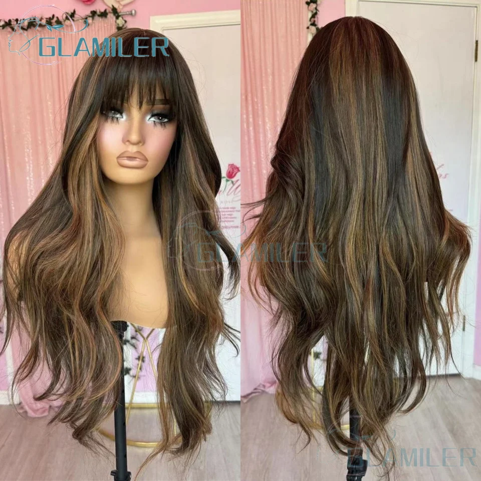 Human Hair Wig Honey Blonde Balayage Highlight 13x4 Silk Top Human Hair Wigs Glueless Wigs Body Wave With Bangs 5x5 Closure