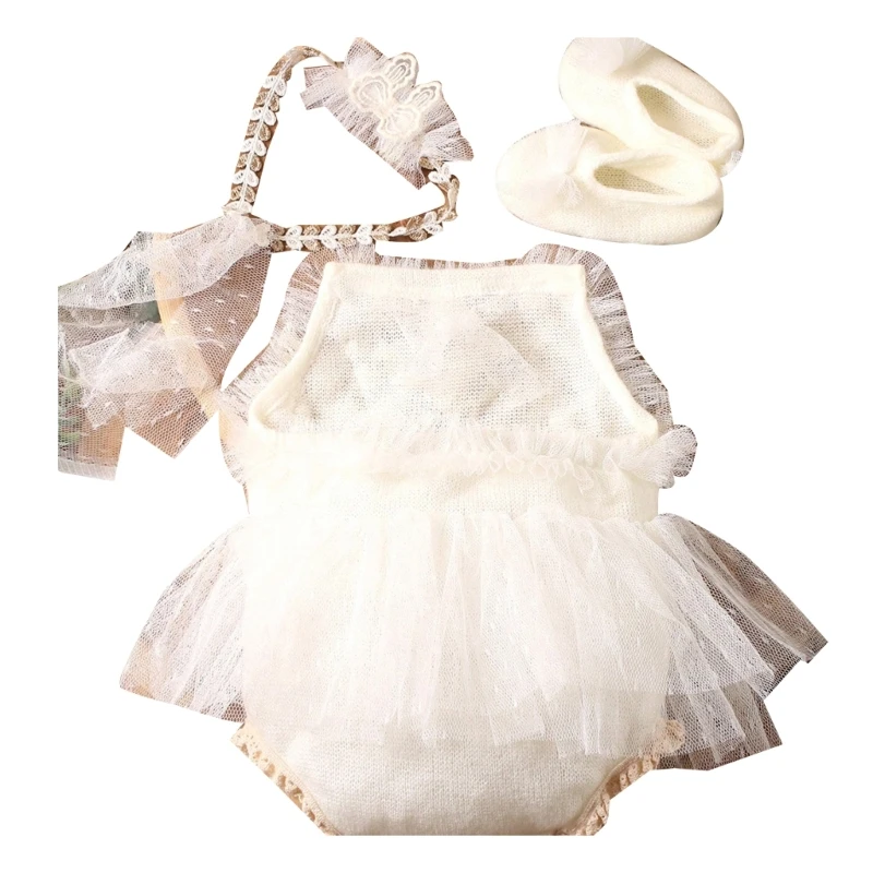 

Newborn Photography Outfit Set Lace Romper with Matching Headband & Baby Shoes 0