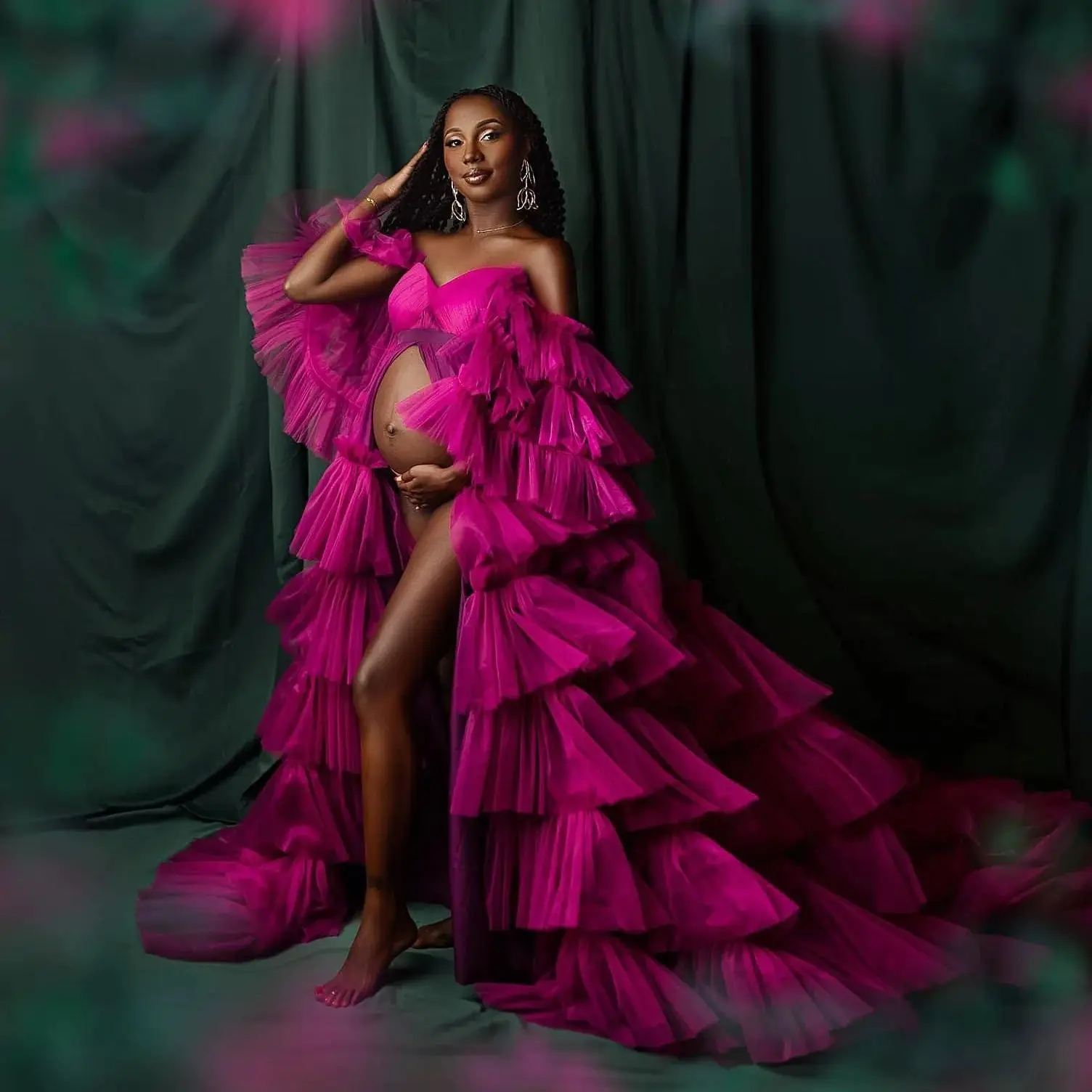 

Fuschia A Line Maternity Robes for Photoshoot Off Shoulder Pregnant Women Dresses Sexy Puffy Tiered Ruffles Baby Shower Gowns