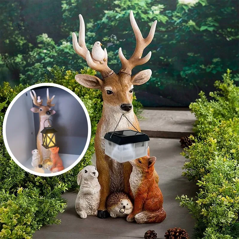 

Deer Rabbit Hedgehog Wolf Solar Garden Decorations Resin Animal Garden Sculptures Outdoor Miniature Creative Decorations