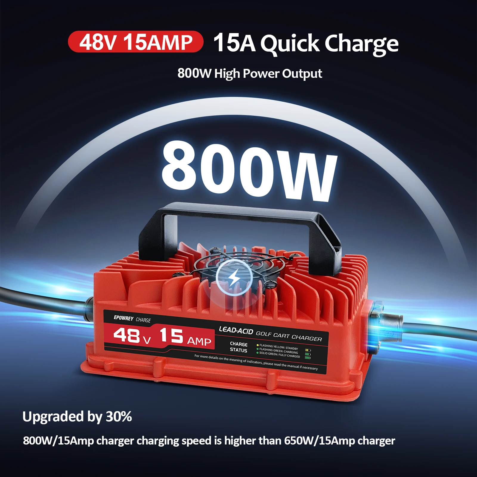 EPOWREY 골프 카트 배터리 충전기 클럽 자동차, EZGO RXV 및 TXT 3 핀 삼각형 플러그, 방수, 15 AMP, 48 볼트, 800W