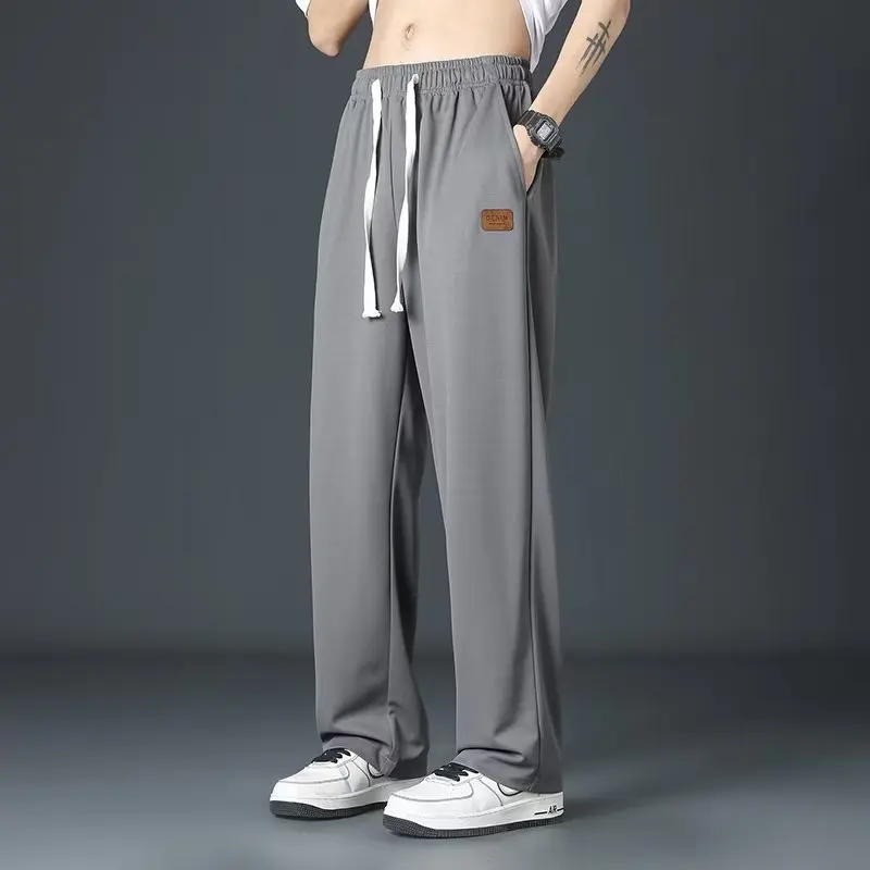 2024 Ice Shreds Summer Youth Refreshing Men New Solid Color Loose Large Size Straight Cylinder Wide Leg Pants Casual Trousers