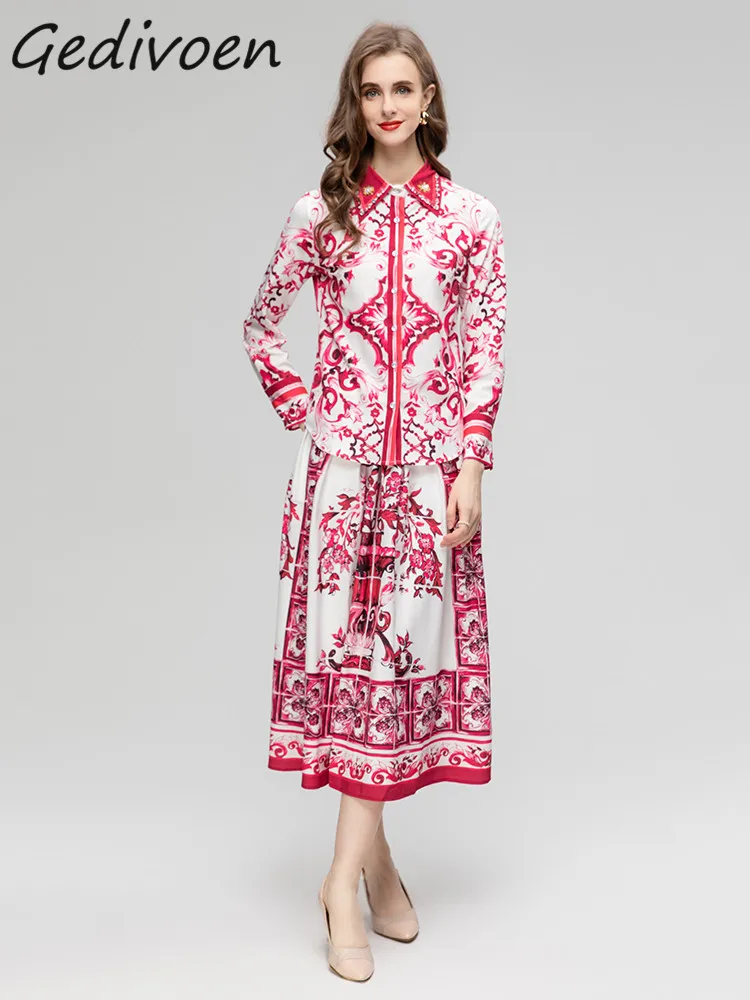 

Gedivoen Summer Fashion Runway Vintage Red Print Skirt Suit Women Lapel Diamond Shirt Top+Gathered Waist Half Skirt 2 Pieces Set