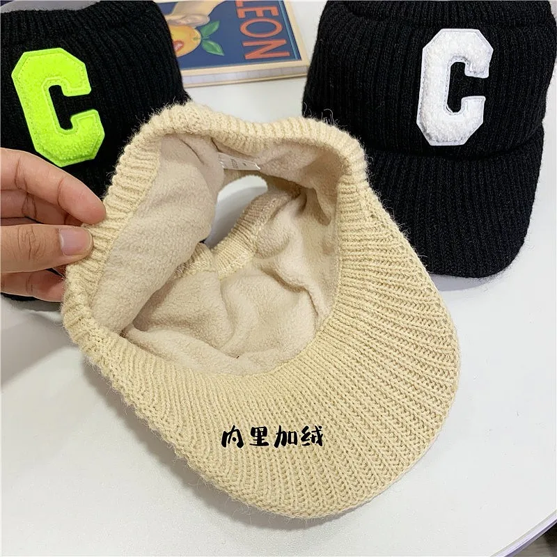 Winter crochet knitted hat Unisex men solid c letter sports hat Women casual thick warm Visor cap Topless hats gorros 3