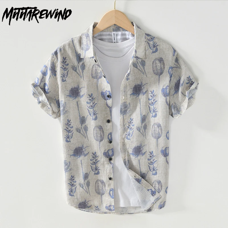 

Рубашка мужская с принтом в гавайском стиле, праздничный пляжный Повседневный Топ с коротким рукавом, летняя дышащая из чистого льна, одежда высокого качества