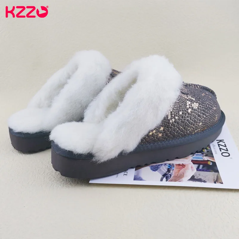 KZZO New Arrive Genuine Leather Slippers Fashion Female Winter Slippers Women Warm Indoor Slippers Soft Wool Lady Home Shoes 2