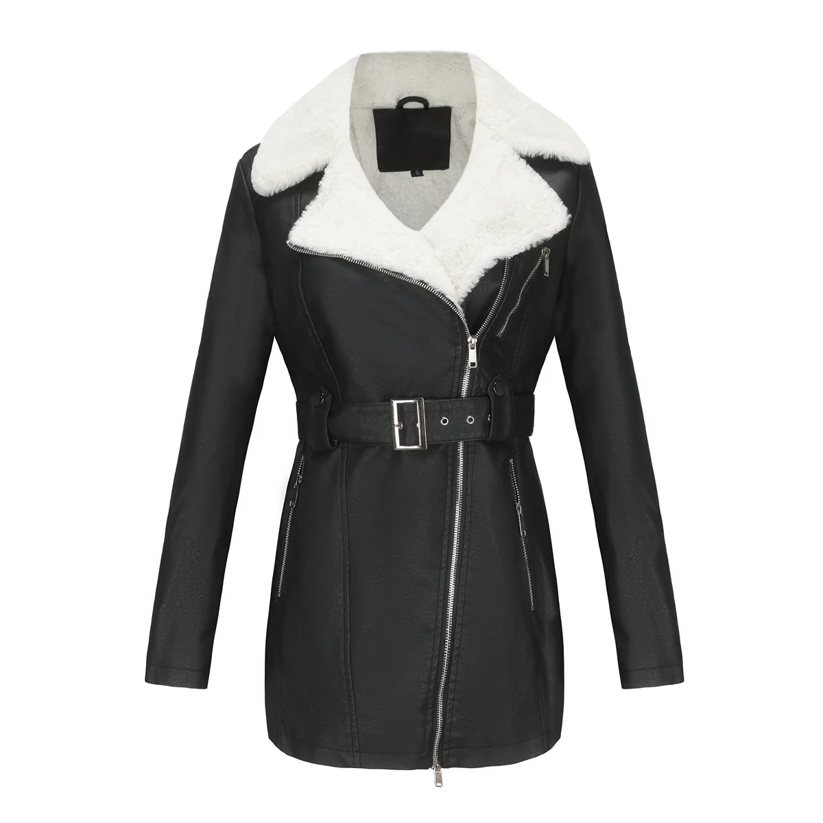 

Autumn And Winter New Fashion Casual Long Sleeve Plush Leather Dress Women's Polo Collar Double Head Zipper With Belt Warm Coat