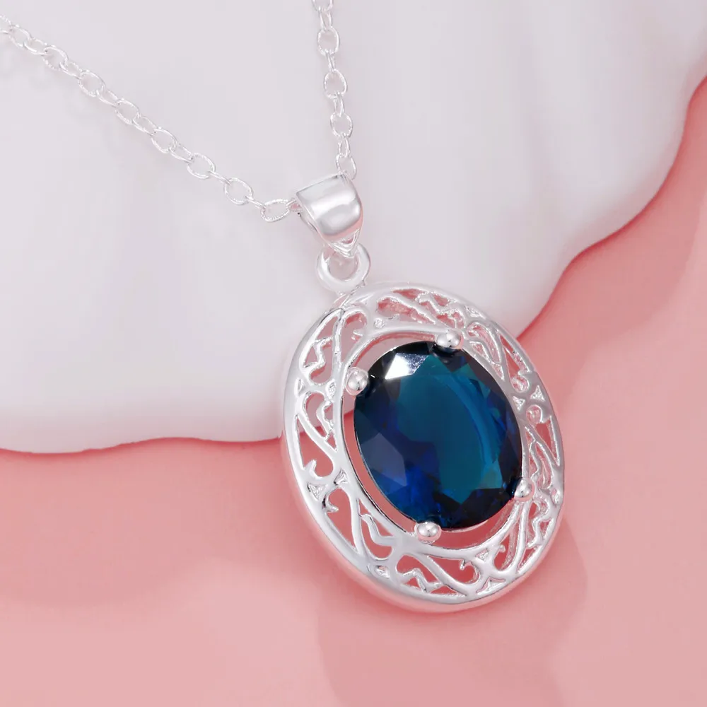 

New 925 Sterling Silver Pretty Blue Crystal Oval Pendant Necklaces for Women Fashion Party Wedding Engagement Jewelry Gifts