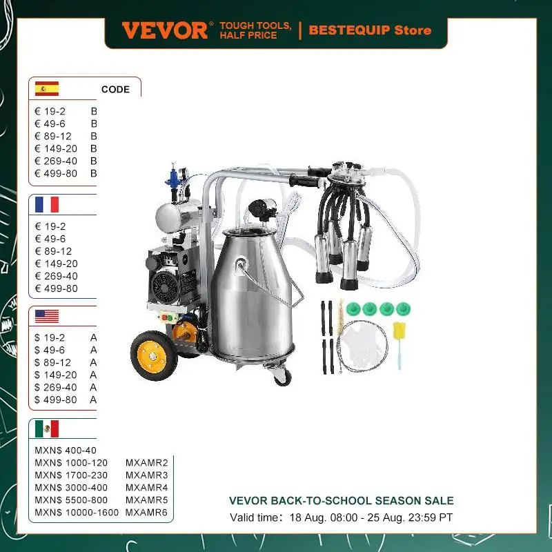 VEVOR Electric Cow Milking Machine 6.6 Gal /25 L 304 Stainless Steel Bucket Automatic Pulsation Vacuum Milker Portable Milker