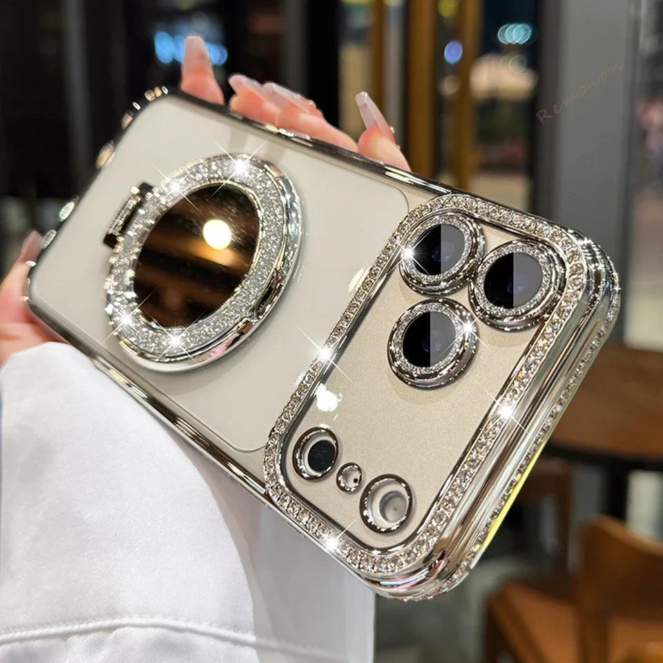 Diamond Mirror Magnetic Glitter Transparent Phone Case with Magsafe Compatibility