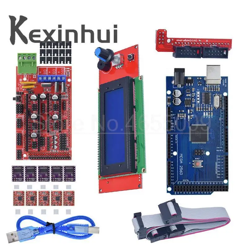 

Контроллер Mega 2560 R3 CH340 + 1 контроллер RAMPS 1,4 + 5 шт. модуль шагового драйвера A4988/DRV8825 + 1 шт. контроллер 3D 2004 для комплекта 3D-принтера