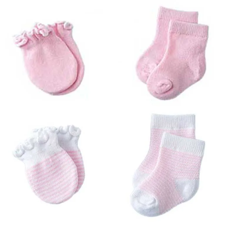 Cotton Baby Socks 4 Pairs Newborn Gloves Socks Set Spring Anti Scratch Bite Gloves Photography Props Infant Boys Girls Accessori