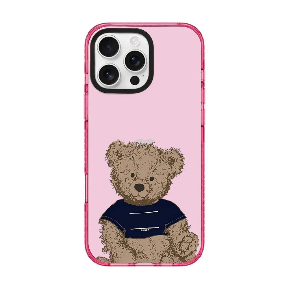 아이폰 1216 Pro Max 케이스: 곰 청바지 패턴, 핑크 화이트 글리터 프레임, 마그네틱