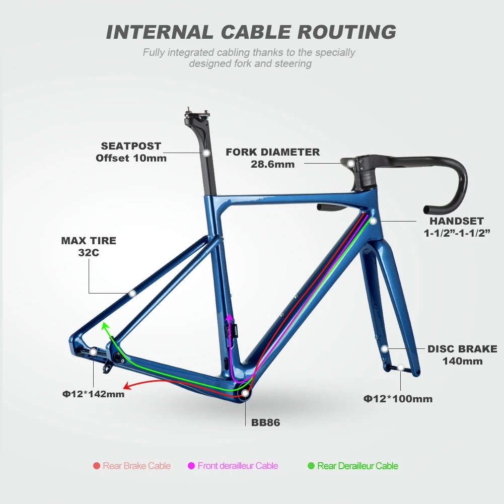 Carbon Road Bike Frame Disc Brake 700*32C Road Frameset Fully Hidden Cable Aero T1000 Carbon Disc Frame