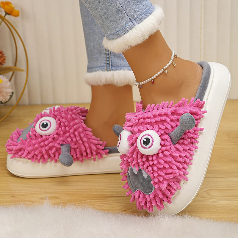 Cartoon Monster Fluffy Slippers Women Thick Sole Non Slip Infoor Funny Slippers Woman 2025 Plush Warm Home Cotton Slides Shoes