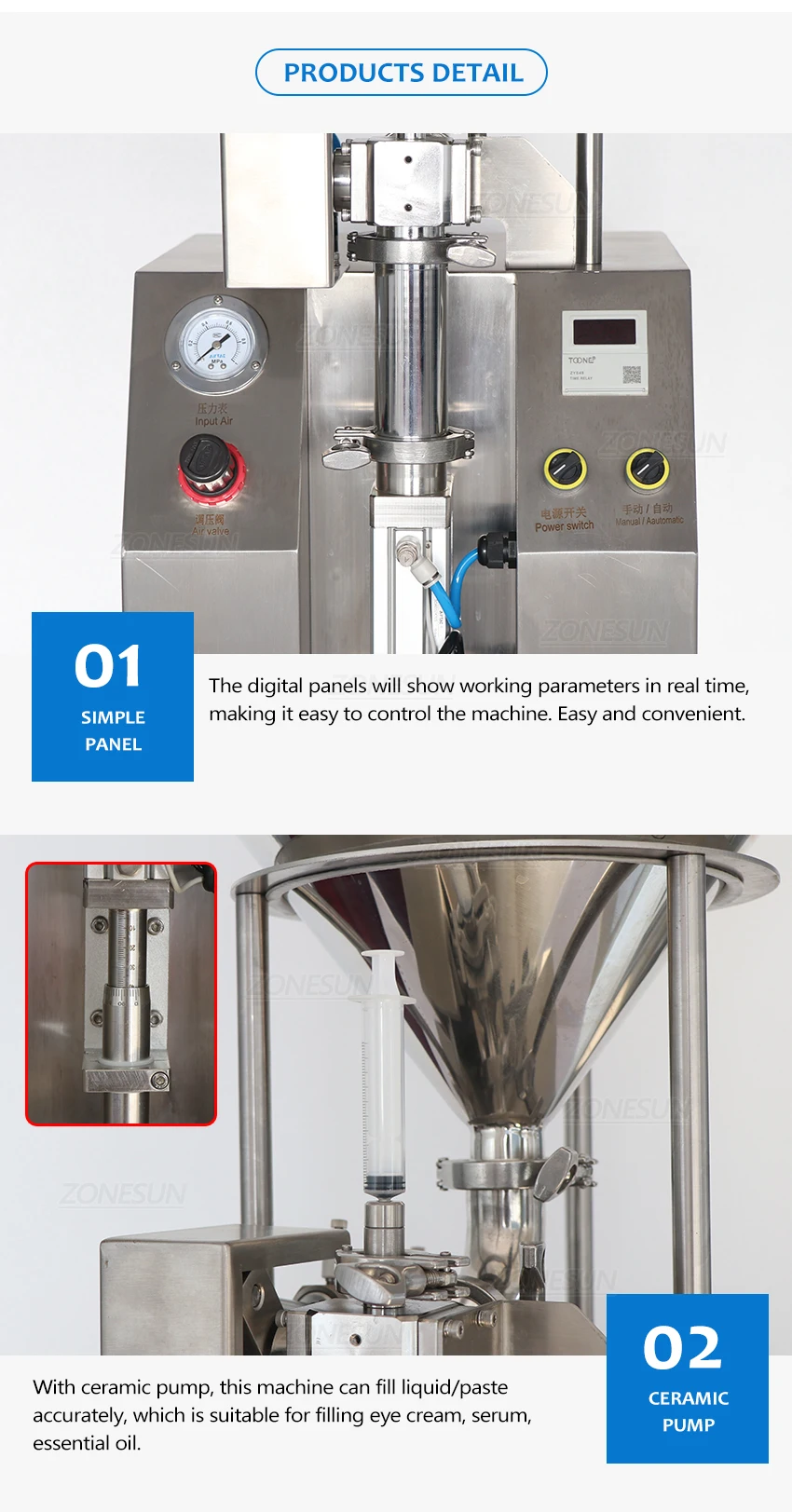 ZONESUN ZS-YTCP12V Pneumatic Syringe Ceramic Plunger Pump Liquid Paste Filling Machine