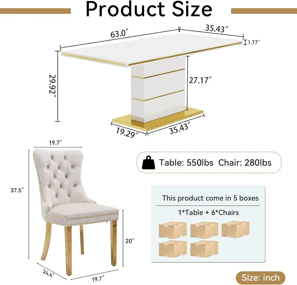 Dining Table Set for 6 with Tufted Chairs and Stainless Steel Base