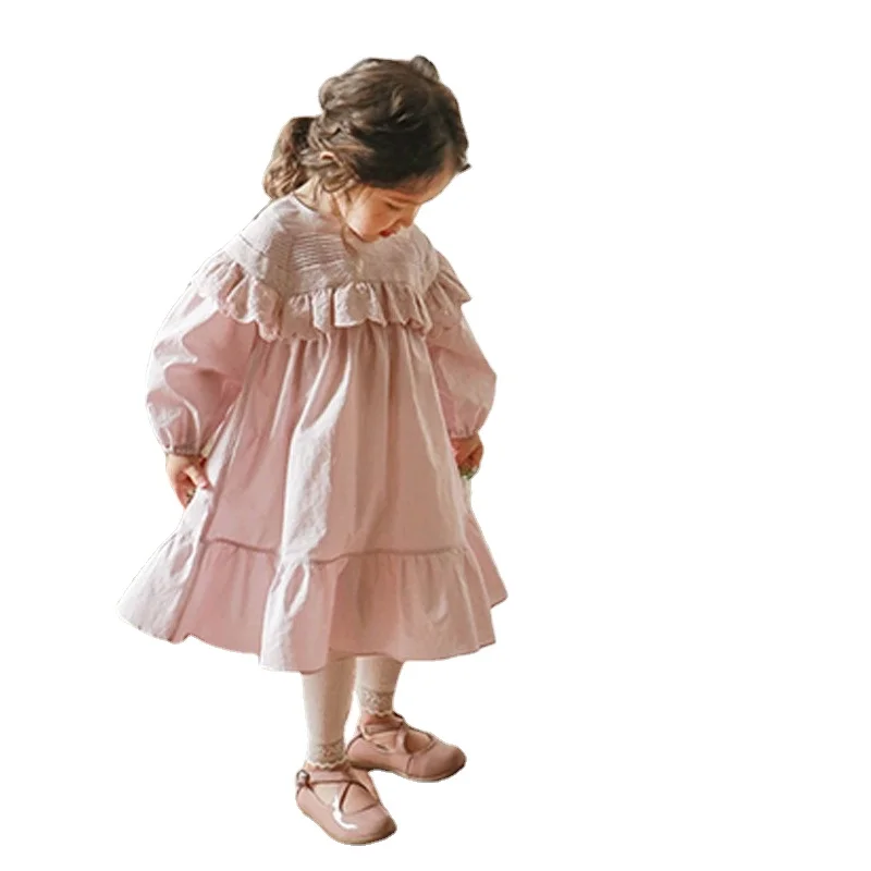 New Spring Baby Long Puff Sleeves Dress 2-11Y Child Girls Lace Turn-down Collar Princess Dresses Children Mesh Dress CL540 baby dresses