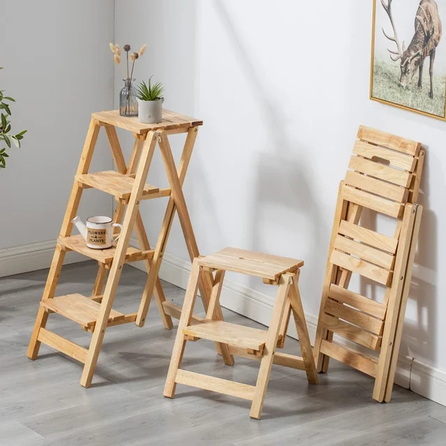 Folding Multi-function Ladder Stool Solid Wood Free Installation Step Stool Province Space Two or Three Steps Home Ladder Chair