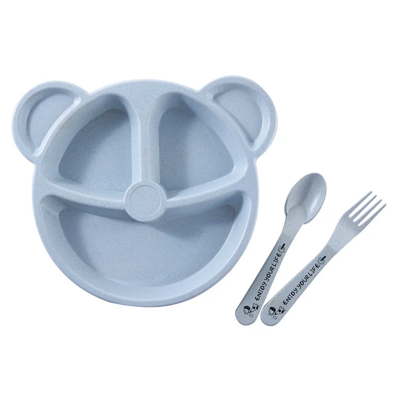 Baby Tableware Set 3-Piece Divided Dining Plate for Children's Bowls Solid Color Fork Spoon Sucking Tableware Set Wheat Material