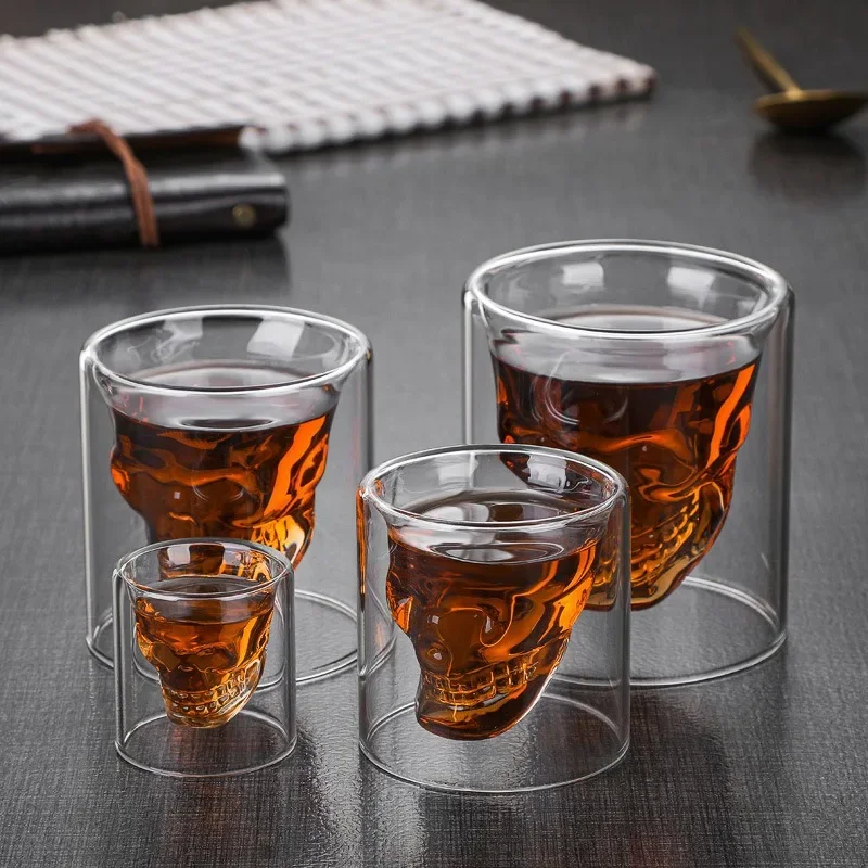 Double-layered Transparent Skull Head Coffee Mug Crystal Glass Cup for Home Bar Club Whiskey Tequila Wine Vodka and Beer Wine whiskey glass glass drinkware