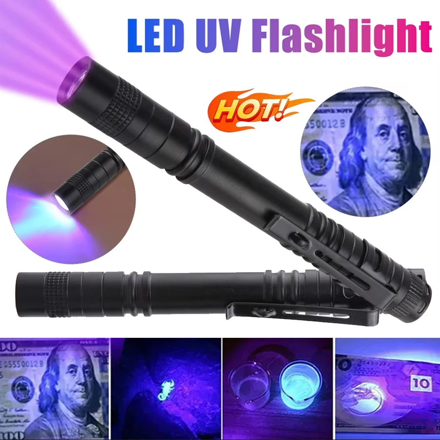 Mini 395nm uv flashlight Portable LED Ultraviolet Blacklight Money Inspection Penlight with Clip Pet Urine Stains Detector Torch