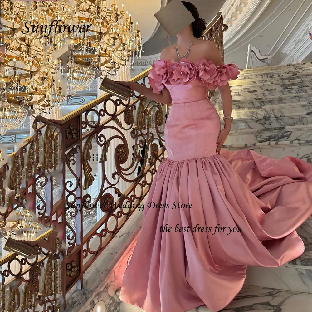 Sunflower Pink Flowers Off the Shoulder Formal Evening Dress 2023 Slim Satin Prom dress Mermaid Floor-Length Princess Pary Dress