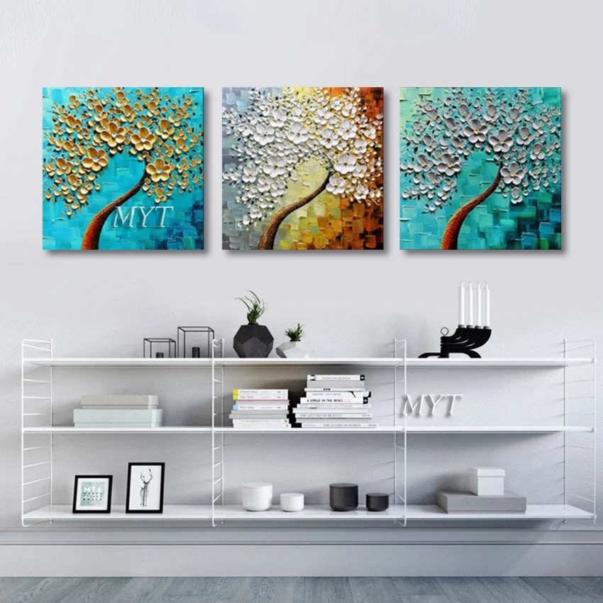 

3PCS Palette Knife Style Wall Art Acrylic Abstract Canvas Artwork The Trees Are Full Of Flowers Hand Painting Picture Unframed