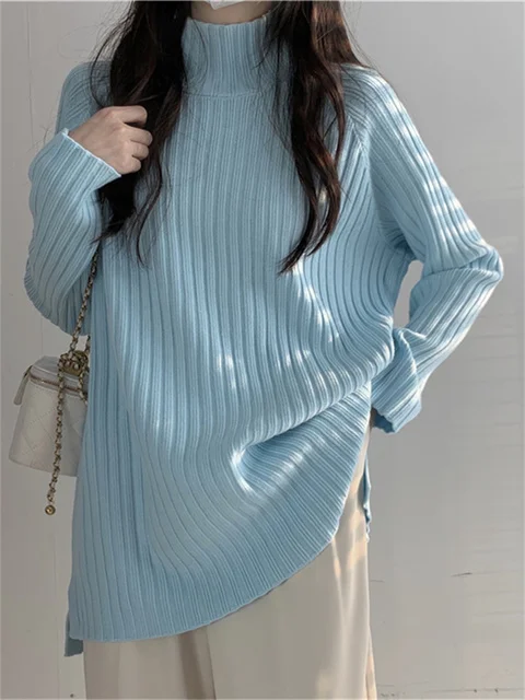 

Knitting Sweater for Women 2023 Spring New Mock Neck Long Sleeve Tops Loose Casual Thicken Korean Fashion Pullovers