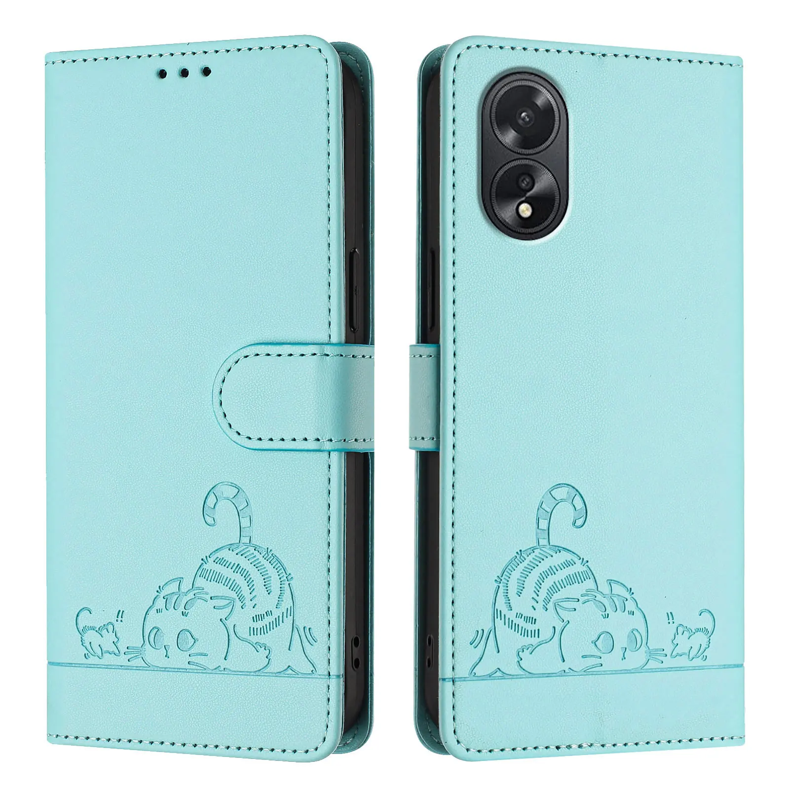 Cat Design Leather Phone Case Wallet with Wrist Strap and Flip Cover