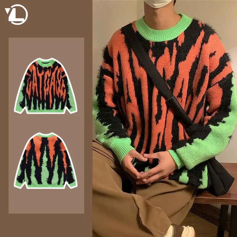 

Korean Irregular Color Blocking Men Sweater 2024 Spring New College Fashion Loose Knitwear Street Retro Couple Pullover Y2K