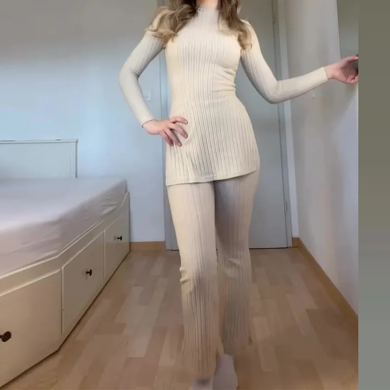 

Lazy style elastic slim fit bottom knitted sweater set for women