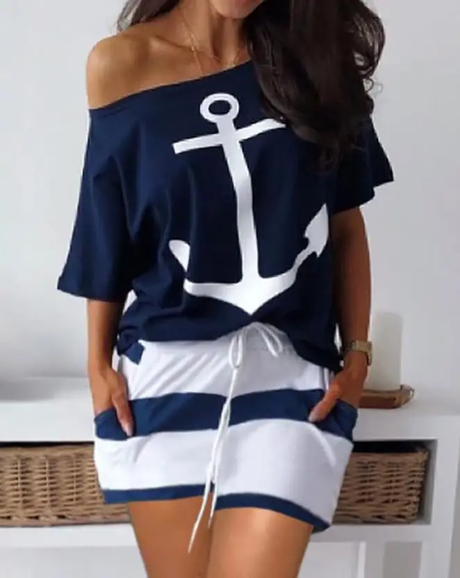 Boat Anchor Print Top & Striped Print Drawstring Casual Shorts Sets Summer European & American Women's Fashion Two Piece Set shorts hope is an anchor to the soul pocket shorts in multicolor size l m