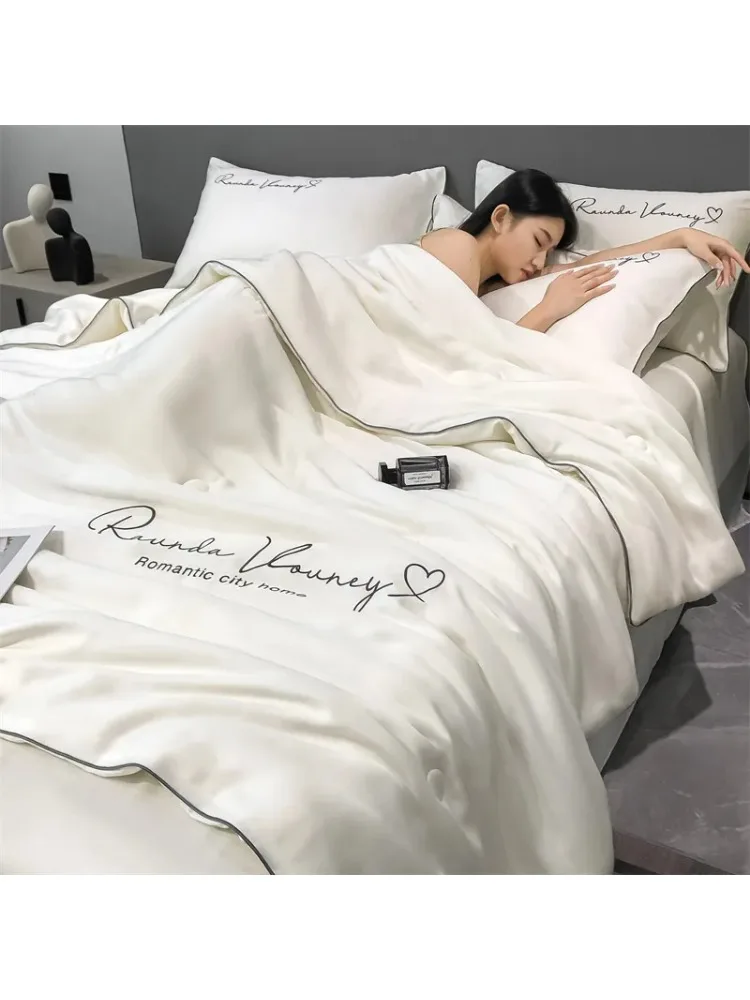 100% 세탁 실크 이불 자수 부드러운 아이스 쿨링 이불, 침대용 실키 솔리드 담요, 부드럽고 시원한 여름 담요