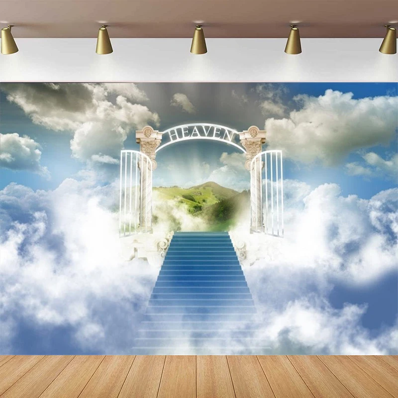 천국 계단 사진 배경 파라다이스 게이트 하늘 구름 계단, 종교 토픽 교회 놀이, 축복 천사 사진 배경 