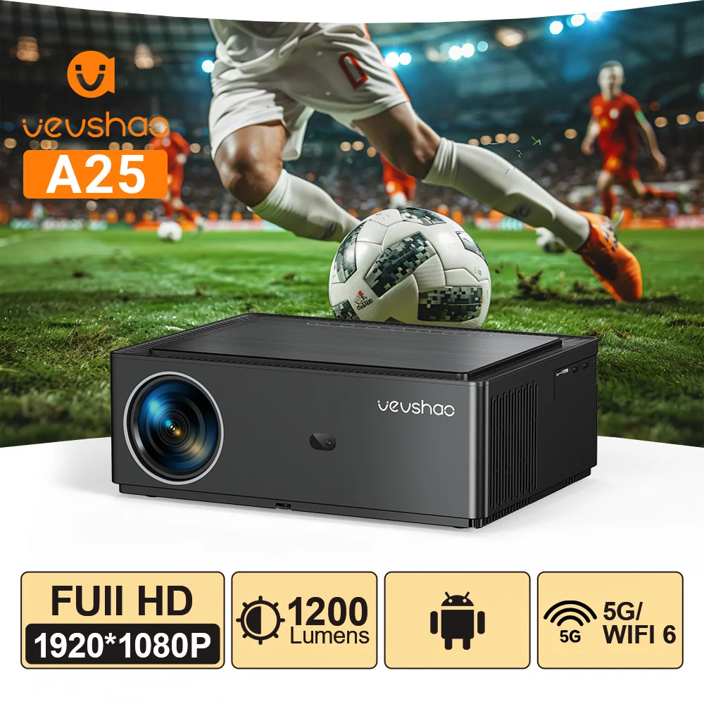 VEVSHAO A25 Projector, 4K Full HD 1080P 1200 ANSI Android 9 WiFi 6 Smart Home Theater Projector for Office Meeting Video