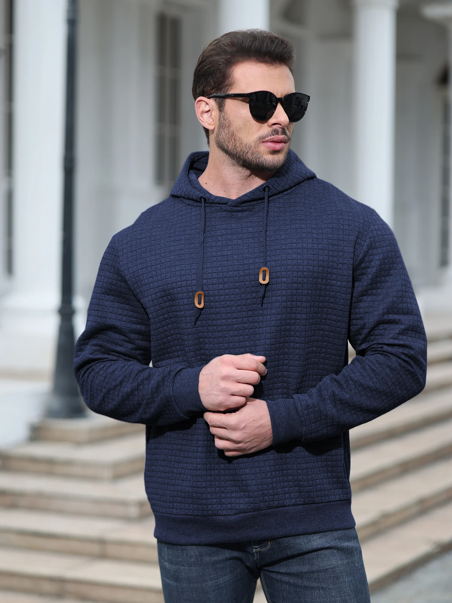 Men Autumn Casual Hoodies Long Sleeve Drawstring Pullover Sweatshirt Tracksuit Hooded Sweatshirts Streetwear with Plaid Jacquard