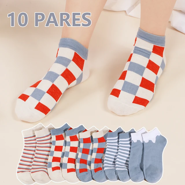 Hombres10 Pares De Calcetines Tobilleros Para Joven, Con Estampado De Cuadros A Rayas, Cálidos Y Enérgicos