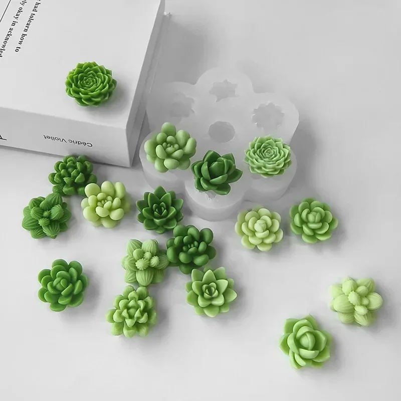 7pcs Succulent Flowers Candle 3D Cactus Lotus Rose Soap Plaster Crafts Chocolate Fudge Pastry Cake Silicone Mold