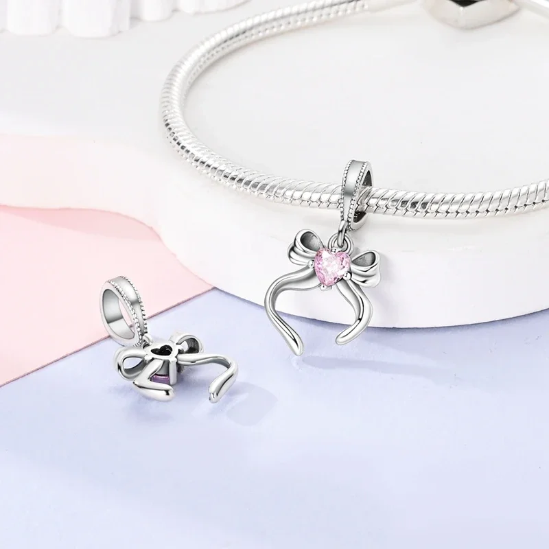 Fit Original 925 Sterling Silver Charms Beads Bow Perfume Bottle Pink Charms for Women Fine DIY Birthday Jewelry Gifts 3