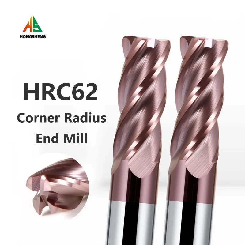 Alloy Carbide Milling Cutter Carbide End Mill HRC62 Corner Radius End Mill 4 Flutes R0.5 R1 R2 Bullnose CNC Tungsten Carbide Steel Cutter Surface Machining Metal Router Tool