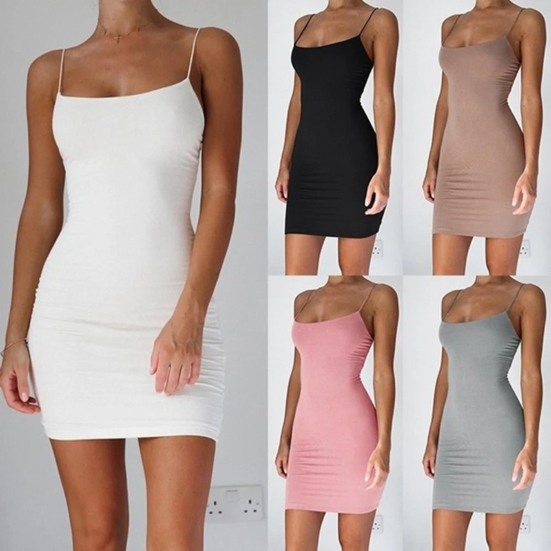 Summer Sexy Spaghetti Strap Camisole Backless Skirts Club Party Mini Dress Women Sleeveless Bodycon Sling Slim Wrap Hip Sundress 2
