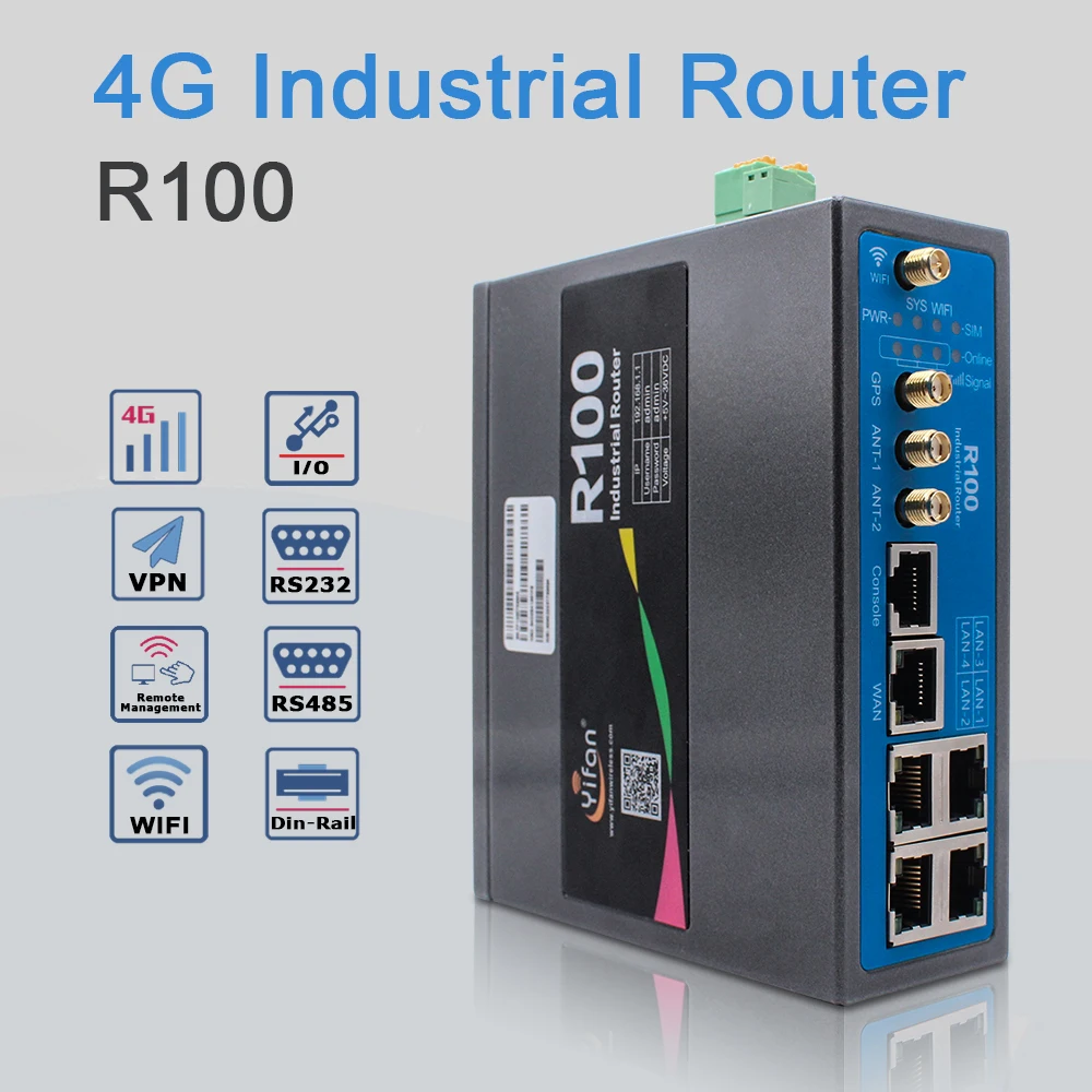 Support I/O RS232 RS485 ports R100 industrial 4G VPN wifi Router with Sim card slot Ethernet port