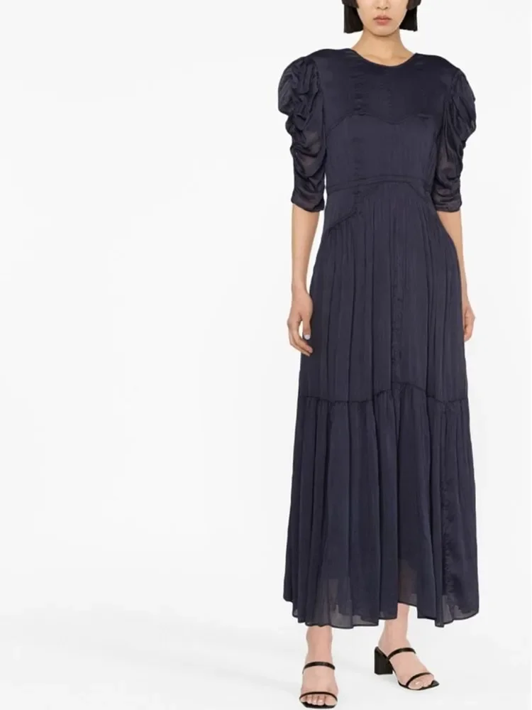 

Women Dress Solid Color Pleated Back Hollow out Lace-up High Waist Summer O-neck Half Sleeve Midi Robes